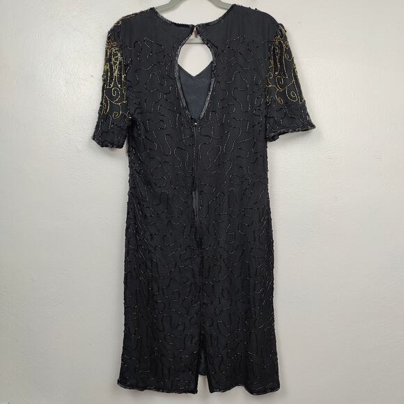 Vintage JMC Beaded Silk Dress Womens Medium Black Gold‎ Floral Embellished Shift - Picture 3 of 7
